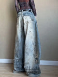  MQTIME  -  American Retro Washed Denim Jeans with Distressed and Printed Design, Loose and Wide-leg Streetwear Pants for Women
