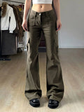 MQTIME  -  Vintage Low Rise Cargo Flare Pants Multi Pocket Streetwear Trousers