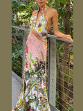  MQTIME  -  Print Long Dress For Women Stand Deep V-neck Sleeveless Backless Waist Cinching Robe Summer Elegant Female Party Dresses