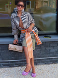 MQTIME  -  Chic Spliced Belt Stripe Shirt Lapel Collar Long Sleeve Autumn Women Street Casual Daily Blouse Fashion Trendy Ladies Top