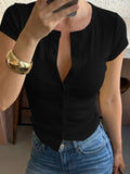 MQTIME  -  Women's Solid New T-shirt Fashion Casual Slim-fit Crew Neck Cardigan T-shirt Summer Office Lady Vacation Female Tops Summer