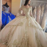 MQTIME  -    Champagne Quinceanera Dresses Gold Lace Appliqued Crystal Sequined Long Sleeve Ball Gown Vestidos De Quinceanera