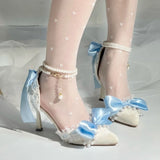 MQTIME  -  White Blue High Heels for Women Party Shoes Wedding Heels Y2K Shoes Bow Pearl Shoes for Women Elegant Women's Heeled Shoes