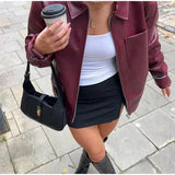 MQTIME  -  Fashion Zippers Short Leather Jackets Women Elegant Lapel Pocket Long Sleeve Coat Autumn New Lady Casual Urban Tops Outwear