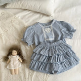 MQTIME  -  New Summer Toddlers Kids Plaid Sets Lace Puff Sleeve Tops Layered Shorts 2pcs Baby Girls Cute Outfits