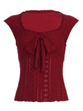  MQTIME  -  Y2k Solid Slim Bow Square Collar Sleeveless Sexy All Match Knitted Fashion Tanks
