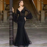 MQTIME  -  Women Long Dress Sexy Flare Sleeve Lace Embroidery Dresses Elegant High Waist Night Vestidos Female Party Evening Maxi Dress