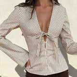  MQTIME  -  Striped Deep V-Neck Lace-Up Waist Shirt Flared Long Sleeve Cardigan Casual Top