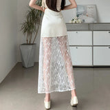 MQTIME  -  2024 Summer Commuter Korean Half Skirt High Waist Lace Slim Hook Flower Style New Solid Color Sexy Long Skirt for women