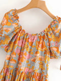 MQTIME  -  Boho Mini Dress Round Neck Short-sleeved Printing Dress A-line Hippie Holiday Dresses Floral Cotton Summer Vestidos