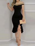 MQTIME  -  Spring Women's Clothing Off Shoulder Ruffle Beaded Slim Fit Dress For Woman Elegant Casual Midi Bodycon Polyester Knit Fabric