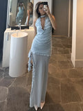 MQTIME  -  Deep V Neck Slim Maxi Dresses For Women Mesh Splice See Through Folds Long Dress Femme Side Slit Sexy Evening Dress Woman