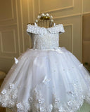 MQTIME  -  Cute White Pearls Flower Girls Dress First Birthday Princess Bow Back Tulle Christmas New Ball Gown Photoshoot Party