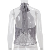  MQTIME  -  Women Solid Sheer Lace Halter Tank Top Y2k High Neck Sleeveless Ruched See Through Slim Blouse Ladies Street Summer Shirt