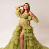 MQTIME  -  Mint Green Tulle Maternity Robes Sweetheart Tiered Pregnant Dresses Photo Shoot Sexy Ruffles Slit  Party Gowns vestido