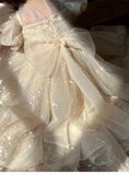 MQTIME  -  Girls Princess Long Dress Fashion Bow Sequin Puff Sleeve Tutu High End Formal Party Gown Ball New Style Children Evening Dress
