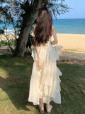 Mqtime Elegant Irregular Ruffles Long Dress Women Summer Beige Solid Spaghetti Strap Beach Vocation Korean Chic Female Vestidos New