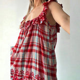 MQTIME  -  Sweet Playful Suspenders Beach Dress Plaid Print Sleeveless Loose Women's Short Dress Sexy Ruffle Edge Holiday Mini Dresses