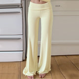  MQTIME  -  Solid Light Yellow Color Low Waist Yoga Sport Loose Flare Pants for Women's Autumn Korean Style Designer Elegant Trousers