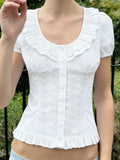 MQTIME  -  Basic Summer Solid U Neck Short Sleeve Single Breasted American College Girls Slim Top Female