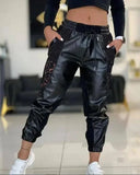 MQTIME  -  Women's PU Trousers Casual Summer Fashion Solid Color Contrast PU Lace Insert Pocket Drawstring High Waist Cuffed Pants