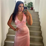 MQTIME  -  SilkySatin Dress SensualSexy VNeck LowBack Dress FigureFlatter TieBack Adjustable Dress SlimFit Evening FloorLength Gown