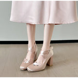 MQTIME  -  Ballet Style Fashion Satin Cross Strap Women Pumps Spring Summer Mary Janes Thick High Heels Lolita Ballet Dancing Chunky Shoes