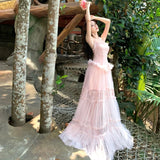 MQTIME  -  Sweet Pink Tulle Maxi Dress Women Summer Spaghetti Strap Ruffle Layered Long Dress Female Elegant Beach Vacation Party Dresses