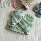 MQTIME  -  Girls Plaid Printed Pants Summer Kids Lace Decoration Wide-leg Trousers Flower Waist Pants Spring Children Clothes 2-10 Years