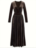 MQTIME  -  New French Velvet V-Neck Dress Women Clothing Elegant Long-Sleeve Party Dress Autumn Winter Warm Fashion Item Brown Long Skirt
