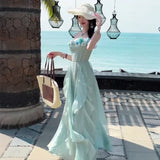 MQTIME  -  Elegant temperament Blue Ruffle Flower Strap Dress for Women 2025 New Seaside Vacation Style Beautiful Long Dress