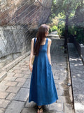 MQTIME  -  Elegant Women Denim Dress Solid Simple Square Colalr Sleeveless A-Line Blue Vestidos Female Summer Versatile Jeans Maxi Dresses