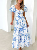 MQTIME  -  Holiday Vintage Maxi Long Beach Dress for Women 2024 Spring Summer Female Slim-fit Printed Hollow Puff Sleeve Dress Elegant