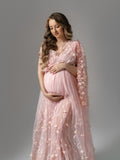 MQTIME  -  Blush Pink Maternity Dress with 3D Flower Embroidery, Boho One Shoulder Gown for Pregnancy Photoshoot Baby Shower Maternity Gown