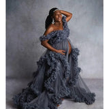 MQTIME  -   Sexy Maternity Gowns Photoshoot V Neck Ruffles A Line Sweep Train Tulle Pregnant Women Maternity Dresses for Photo Shoot