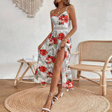 MQTIME  -  Women Bohemian Chiffon Dress Strapless Printing Maxi Dress Lace Hollow Out Beach Dress Floral Vestidos Sundress