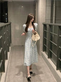MQTIME  -  Women's Blue Floral Puff Sleeve Midi Dress Sweetheart Tie Front Split Dress