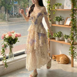 MQTIME  -  Summer Off Shouler Camisole Dress For Women Short Sleeve Patchwork Floral Lace Ruffles Dress Irregular Fairy Long Party Dress