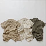MQTIME  -  Korean Style Summer Baby Boys Plaid Outfits Cotton Linen Shirts Shorts 2pcs Toddlers Kids Casual Thin Sets