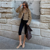 MQTIME  -  Chic Suede Short Jacket Woman Lapel Zipper Pocket Long Sleeves Solid Coats 2025 Autumn Casual Streetwear Lady New In Jackets
