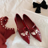 MQTIME  -  T-strap Pointed Toe Flats Shoes Women Bowtie Buckle Strap PU Leather Elegant Red Mary Janes Shoes Ladies Party Black Pumps