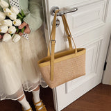  MQTIME  -  Women's Khaki Straw Weave Leather Patchwork Tote Bag Vacation Casual Aesthetic Beach Daily Shoulder Handbag Summer Trend