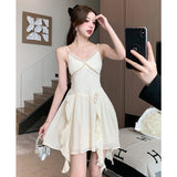 MQTIME  -  2024 Summer Bohemian Irregular Hemline Sling Dress with Ruffle Edge Heart Collar Apricot Short Skirt Pure Desire for Vacation