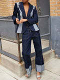 MQTIME  -  Women Fashion Denim Jackets 2024 New Autumn Long Sleeve Deep V-Neck Single-button Contrast Color Blazer Coat Streetwear