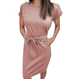 MQTIME  -  Summer Women Versatile Dress With Belt Casual Short Sleeve Round Neck Fashionable Dress Outfits Holiday Midi Sundress Vestidos