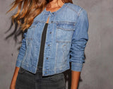 MQTIME  -  Autumn New Women's Slim Fit Short Style Collarless Long Sleeved Denim Jacket with Multiple Pockets Workwear Jacket