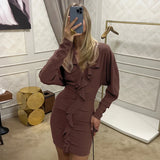  MQTIME  -  Autumn and Winter Hot Selling New V-neck Long Sleeved Solid Color Slim Fit Ruffle Edge Design Dress for Women