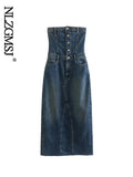 Mqtime  Front Split Hip Wrap Women Denim Dress Elegant Slim Fit Female Sexy Strapless Dress Buttons Bodycon Midi Dresses