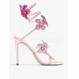 MQTIME  -  Snake Wrap High Heels Lace Flower Rhinestone Anklet Stiletto Sandals Women Shoes