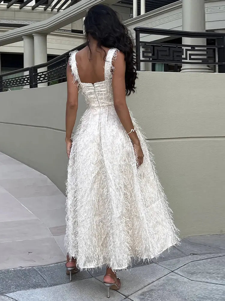 Mqtime Sexy White Feather Backless Midi Dress For Women Fashion Slash mqtime Mqtime Sexy White Feather Backless Midi Dress For Women Fashion Slash mqtime